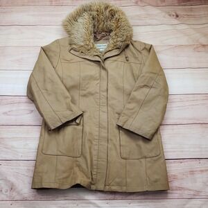 VINTAGE Fitzwright‎ Jacket Womens Large Tan Leather Hooded Faux Fur Parka Coat